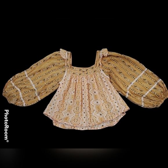 Free People~Woman S~Ochre Yellow Boho Tunic Smocked Henley CropTop Cotton. - Picture 12 of 13